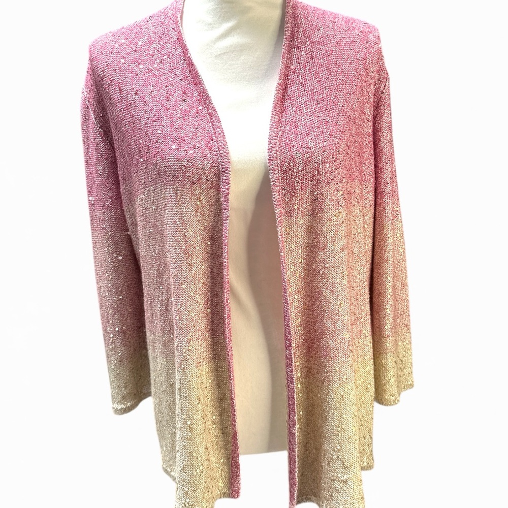 Alfred Dunner Hombre Pink and Cream‎ With Sequins Open Front Cardigan